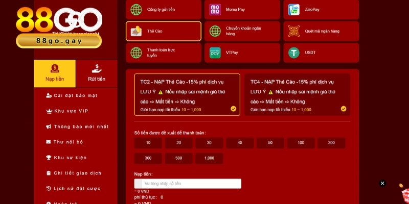 Hướng dẫn cách nạp tiền 88go